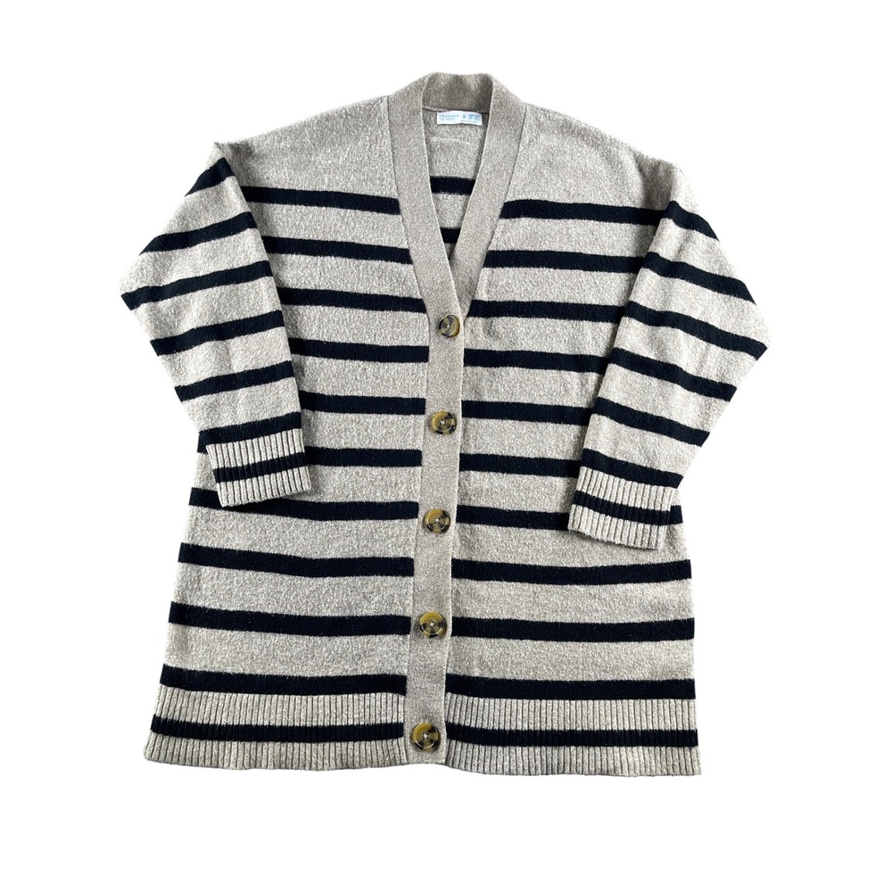 Primark Cares Womens Small Beige Navy Striped Longline V-Neck Button Cardigan